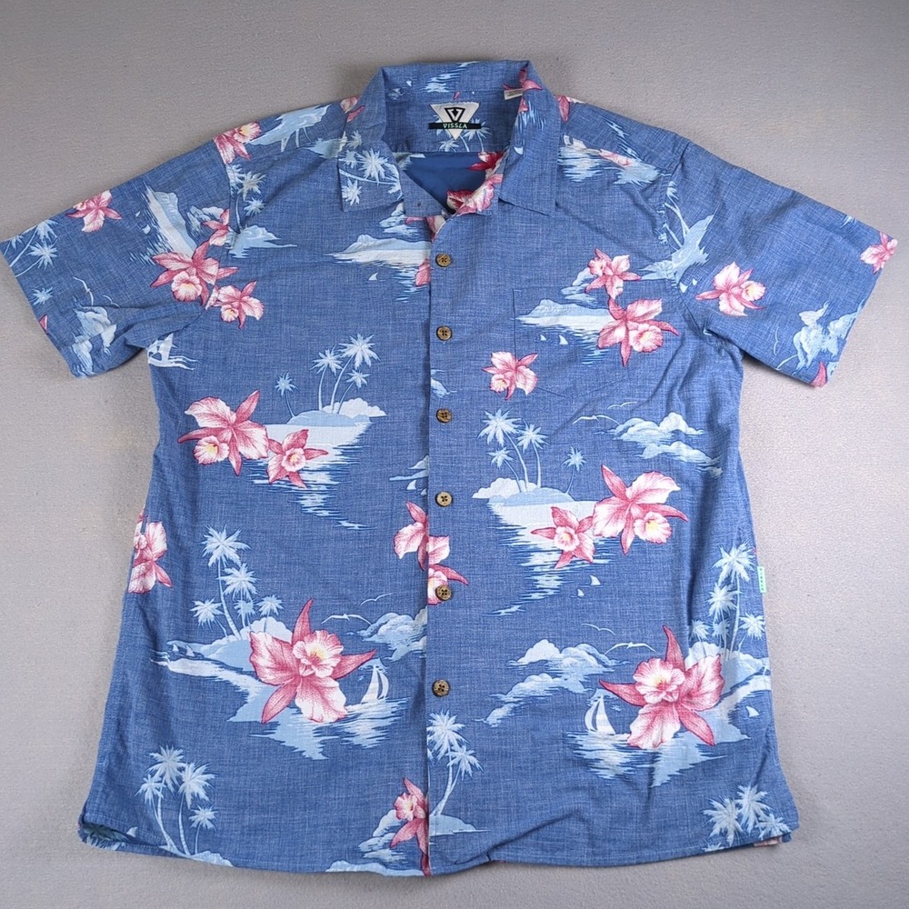 Vissla Button Up Shirt Mens Extra Large Blue Floral Chambray Short Sleeve Hawaii